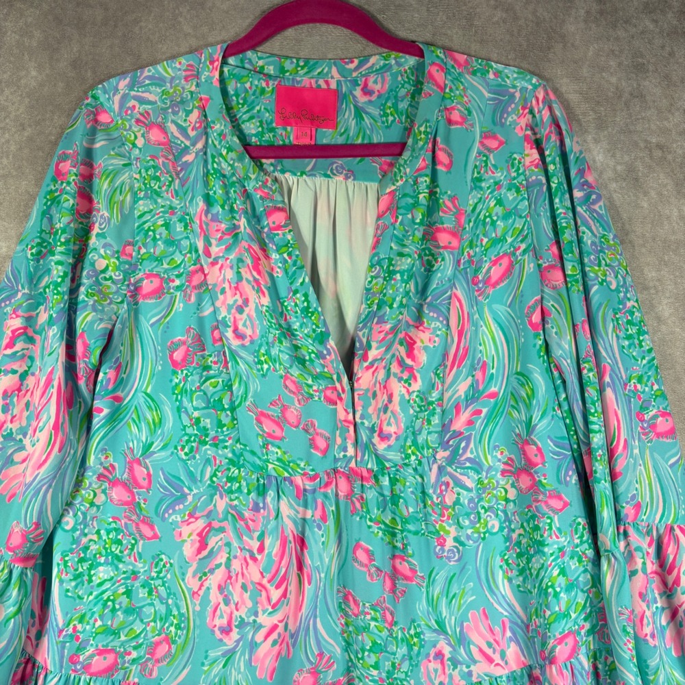 Lilly Pulitzer Gabriel Dress Womens 14 Blue Green Floral Tiered Ruffle Resort - Picture 2 of 10